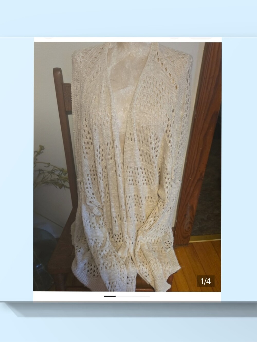 Open-Front Cream Knit Women's Cardigan with Eyelet Pattern Size Xl